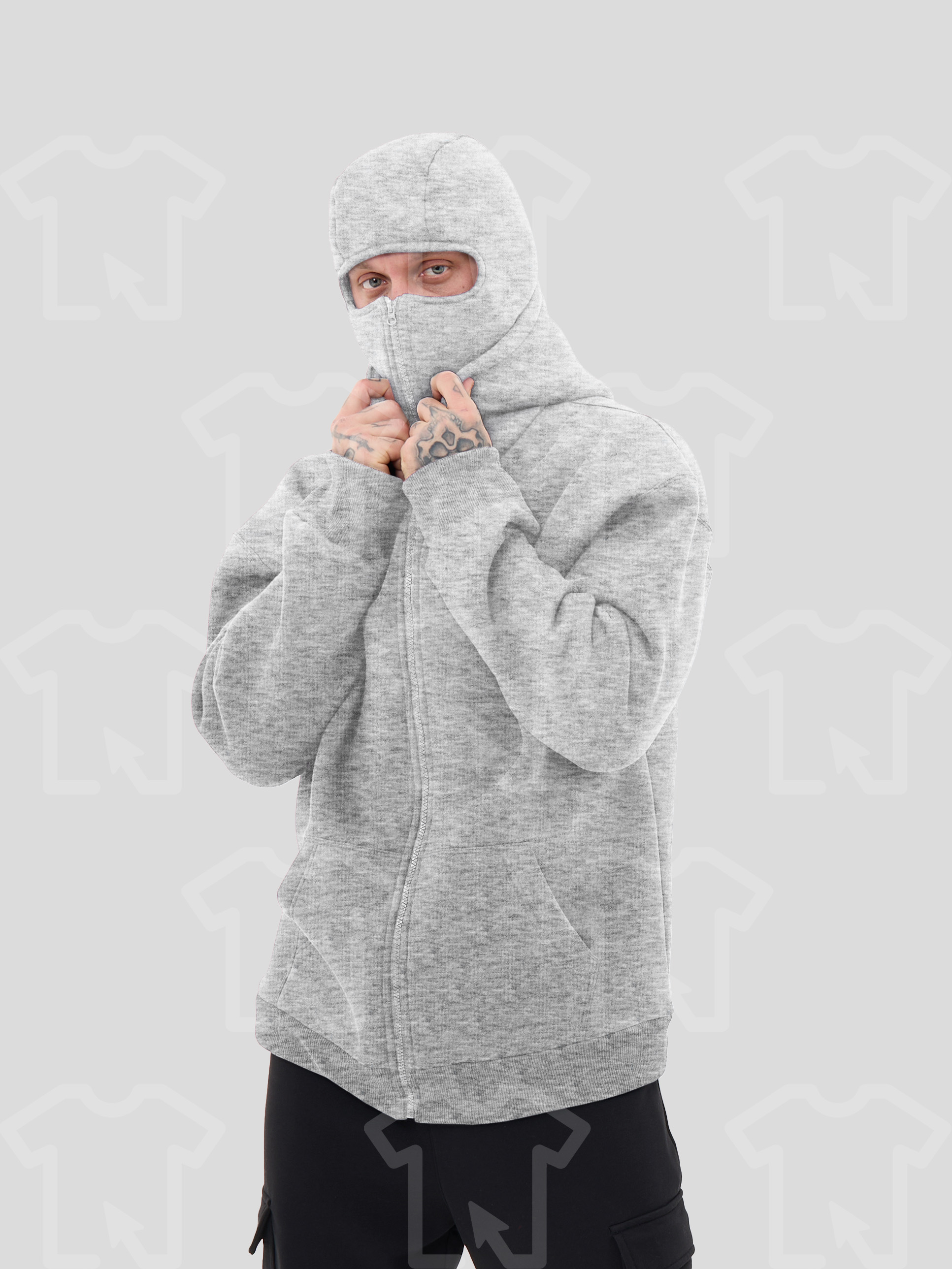 Худи Oversize BALACLAVA ZIP (на молнии) Премиум с начесом, цвет: серый-меланж, мужские